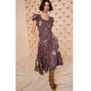 Ulla Johnson Nanette Heliotrope Floral Poplin Puff Sleeve Midi Dress Purple 0